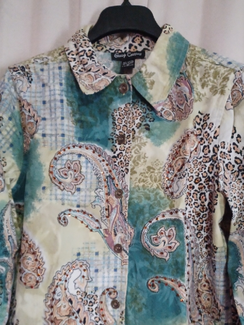 Gaudy Couture Paisley Animal Print Denim Jacket Rhinestones Button Front Sz M - Picture 3 of 15